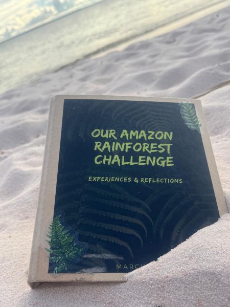 Ein Buch mit dem Titel Our Amazon Rainforest Challenge liegt im Sand